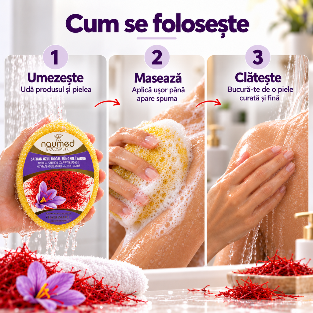 Săpun cu burete Naumed cu șofran, destinat curățării și exfolierii pielii