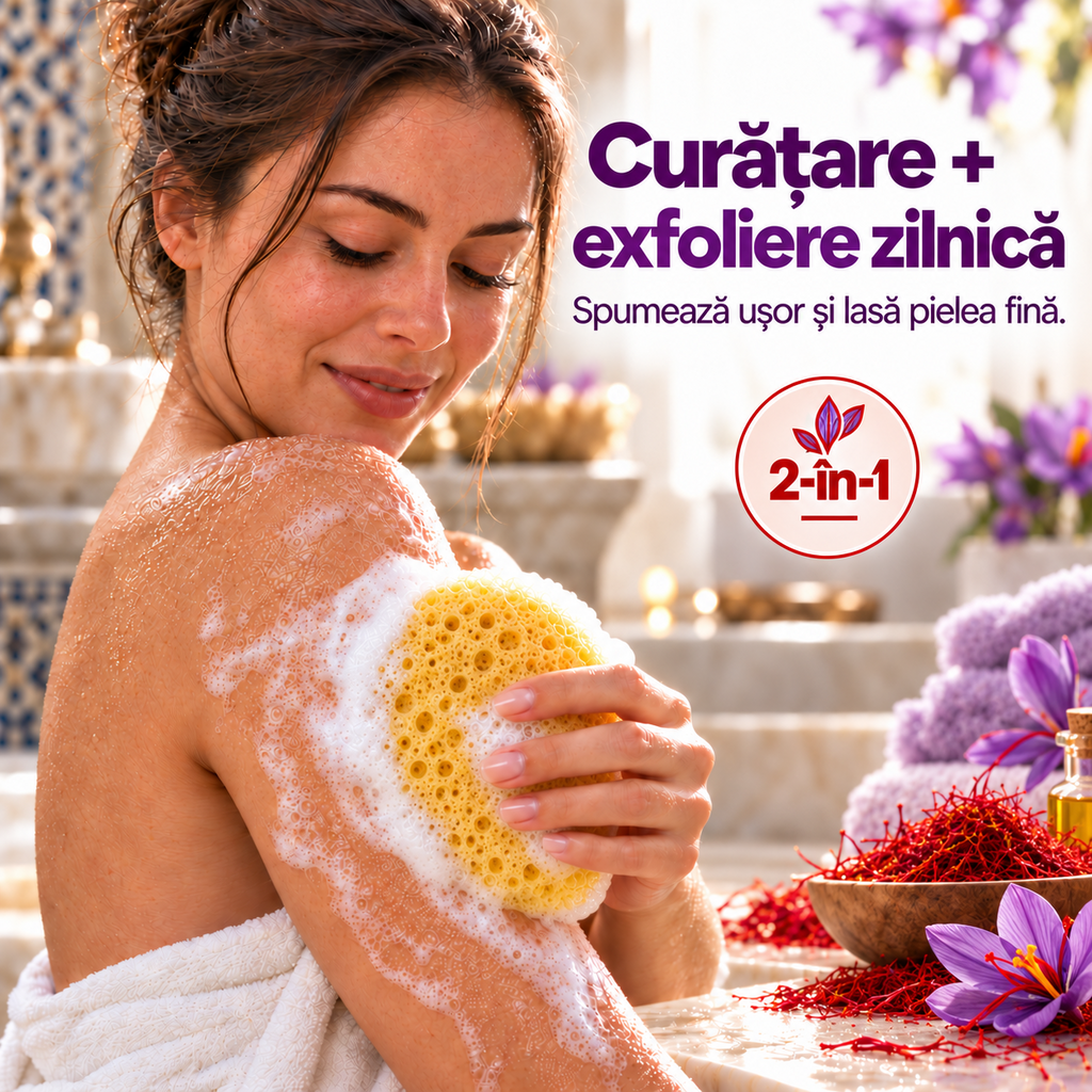 Săpun cu burete Naumed cu șofran, destinat curățării și exfolierii pielii