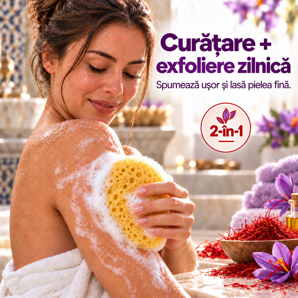 Săpun cu burete Naumed cu șofran, destinat curățării și exfolierii pielii