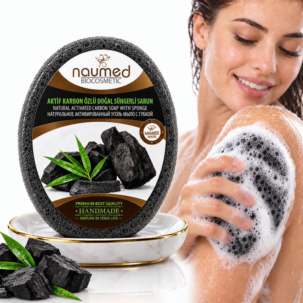 Săpun cu burete Naumed cu carbon activ, destinat curățării și exfolierii pielii