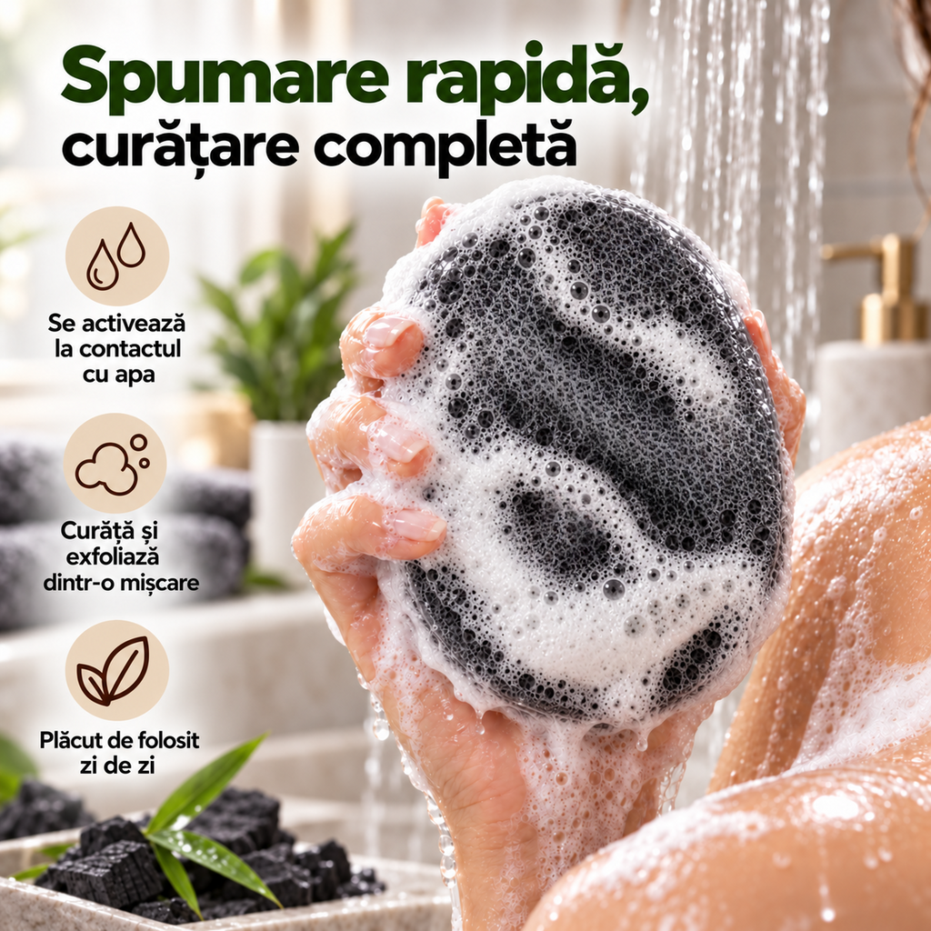 Săpun cu burete Naumed cu carbon activ, destinat curățării și exfolierii pielii