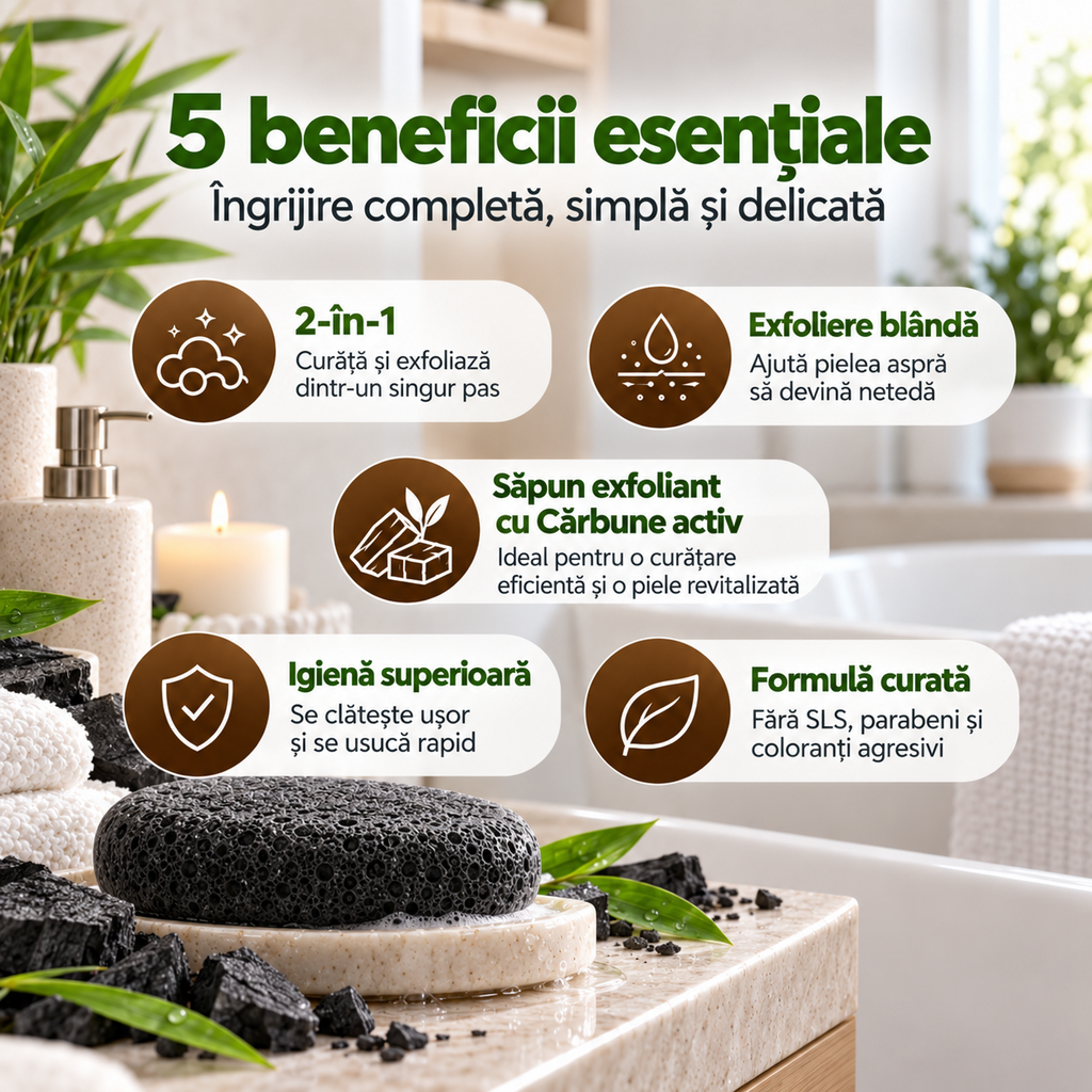 Săpun cu burete Naumed cu carbon activ, destinat curățării și exfolierii pielii
