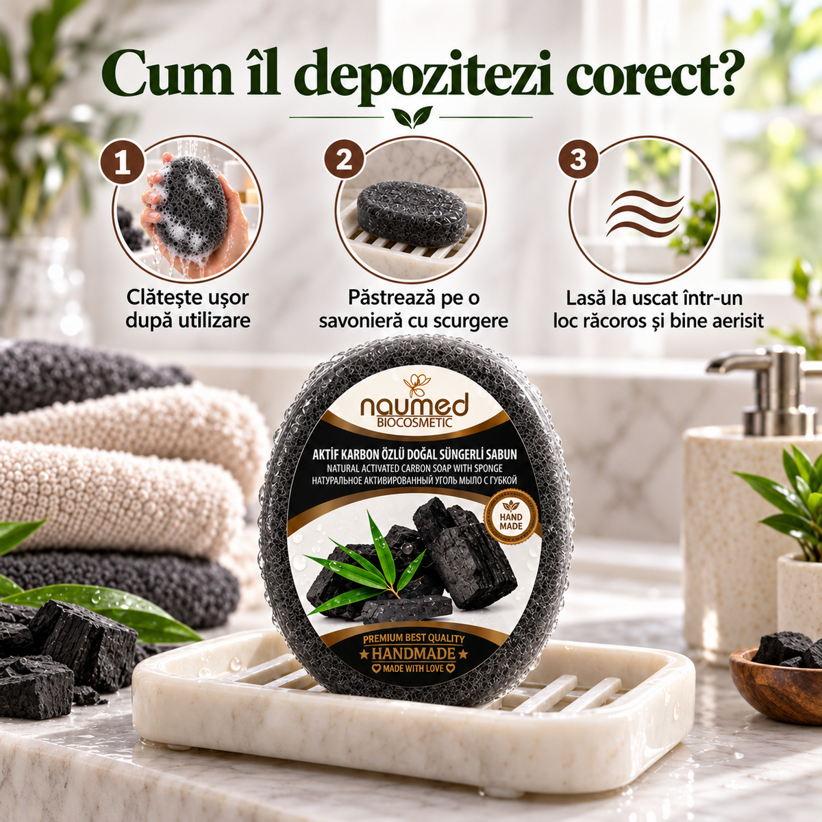 Săpun cu burete Naumed cu carbon activ, destinat curățării și exfolierii pielii