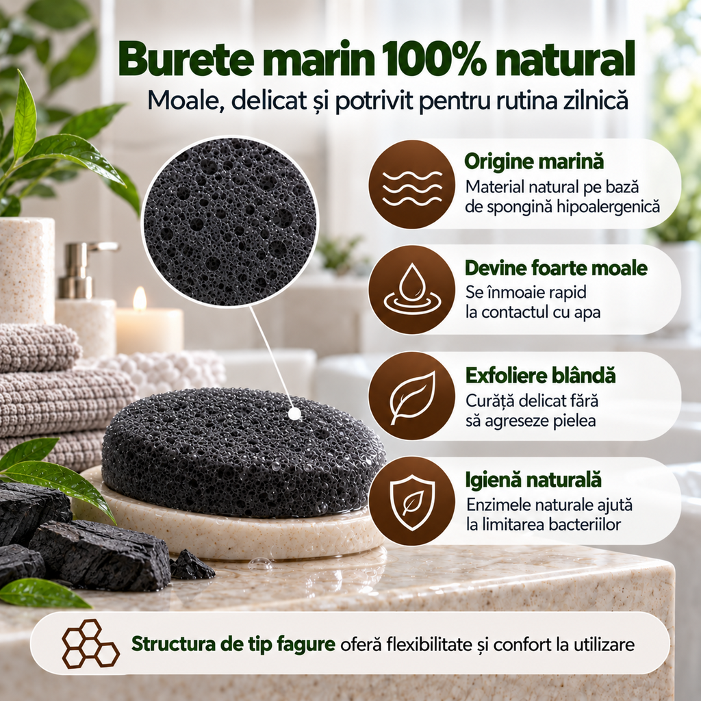 Săpun cu burete Naumed cu carbon activ, destinat curățării și exfolierii pielii