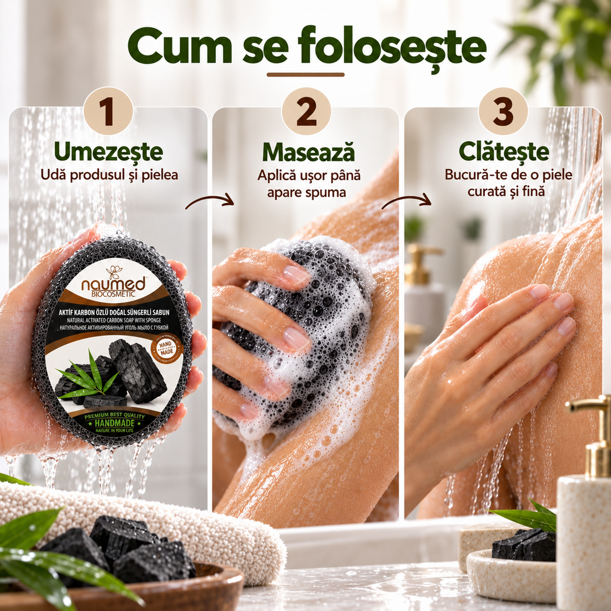 Săpun cu burete Naumed cu carbon activ, destinat curățării și exfolierii pielii