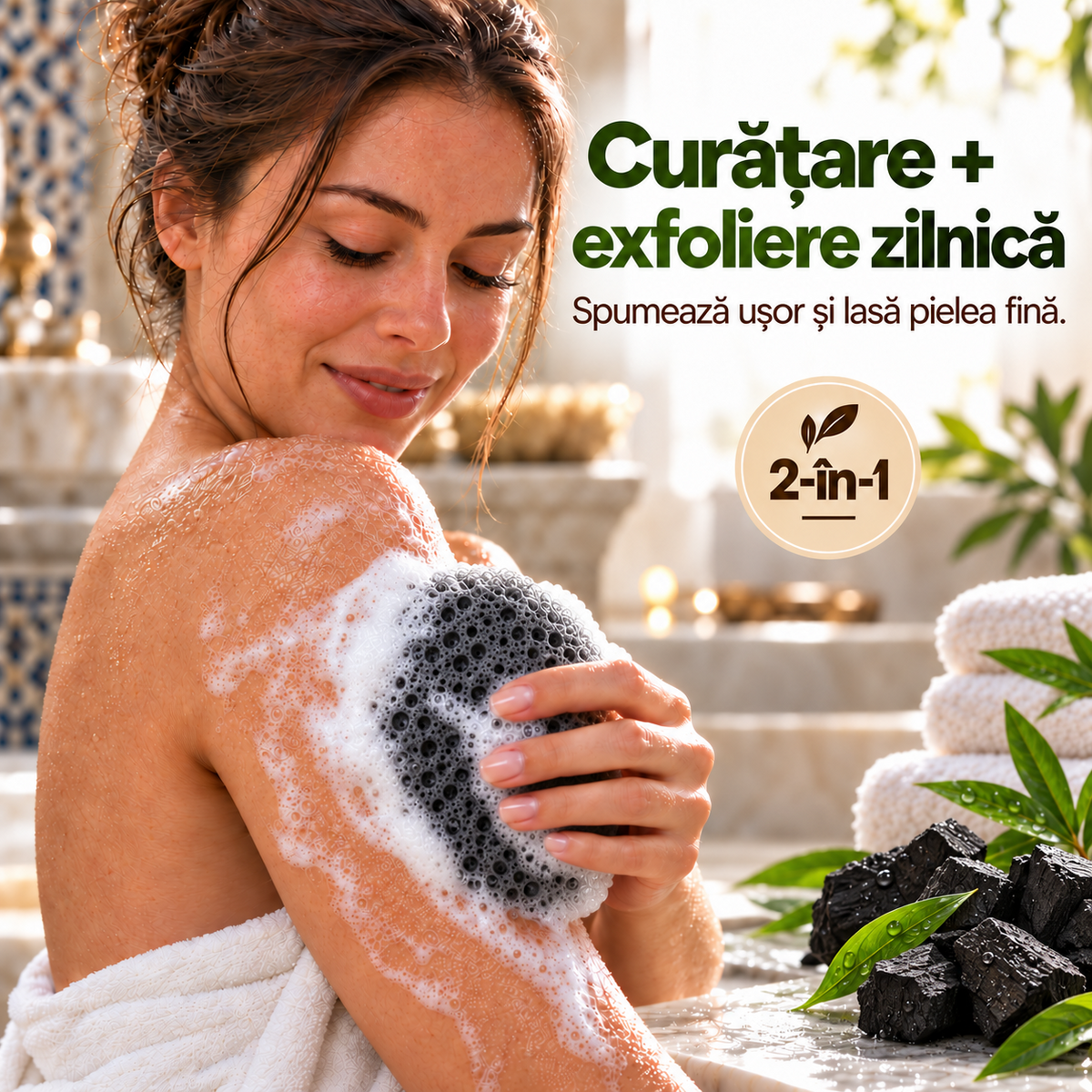 Săpun cu burete Naumed cu carbon activ, destinat curățării și exfolierii pielii