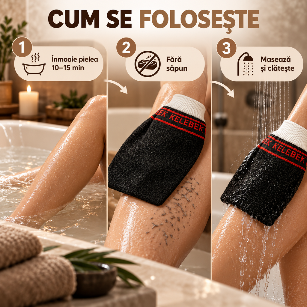 Mănușă exfoliantă Kese Kelebek neagră, din viscoză, stil marocan, pentru exfoliere intensă și hammam