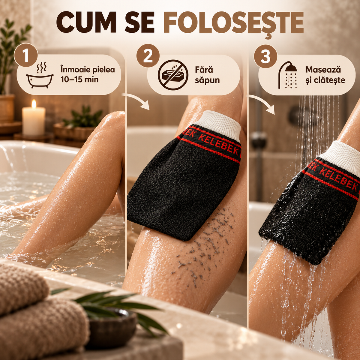 Mănușă exfoliantă Kese Kelebek neagră, din viscoză, stil marocan, pentru exfoliere intensă și hammam