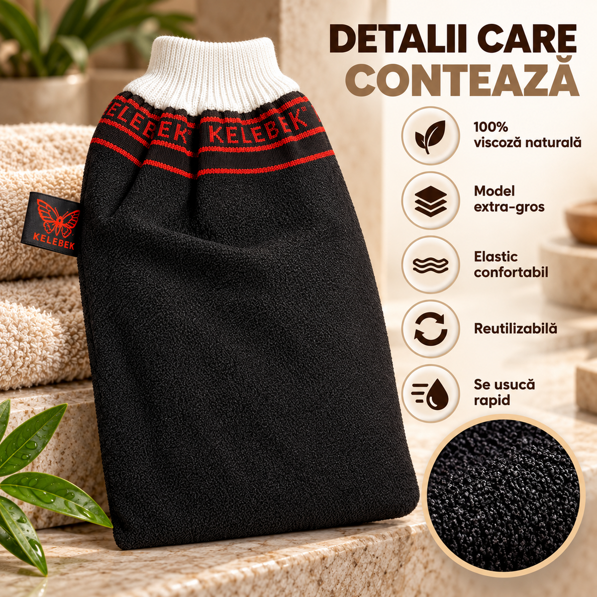 Mănușă exfoliantă Kese Kelebek neagră, din viscoză, stil marocan, pentru exfoliere intensă și hammam