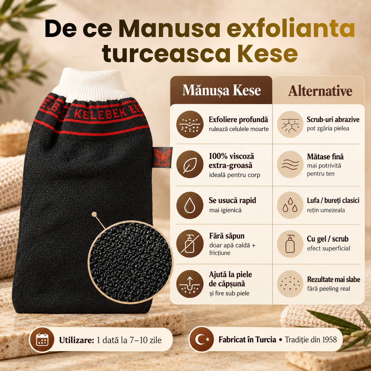 Mănușă exfoliantă Kese Kelebek neagră, din viscoză, stil marocan, pentru exfoliere intensă și hammam