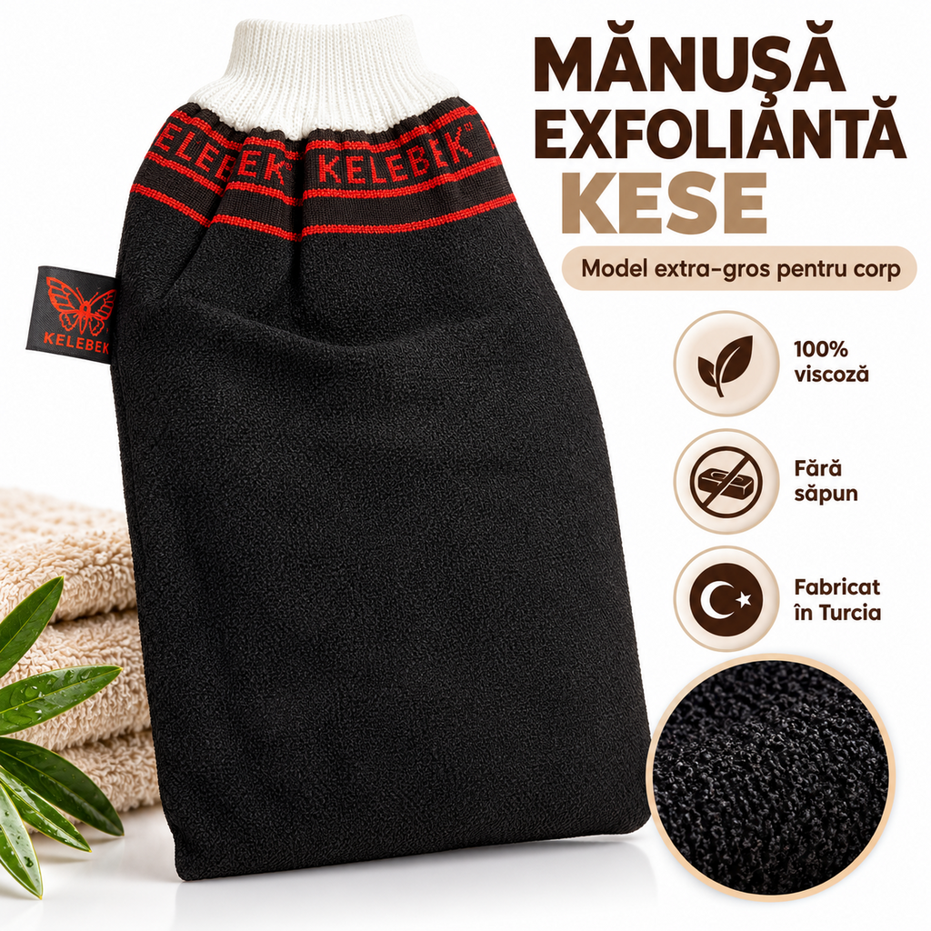 Mănușă exfoliantă Kese Kelebek neagră, din viscoză, stil marocan, pentru exfoliere intensă și hammam