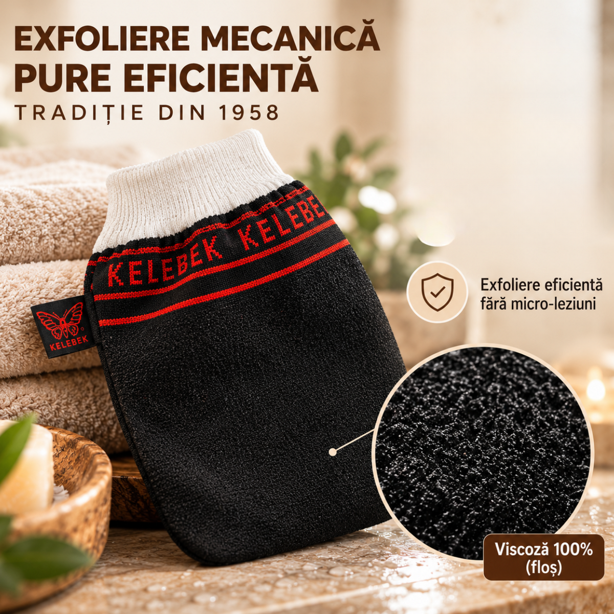 Mănușă exfoliantă Kese Kelebek neagră, din viscoză, stil marocan, pentru exfoliere intensă și hammam