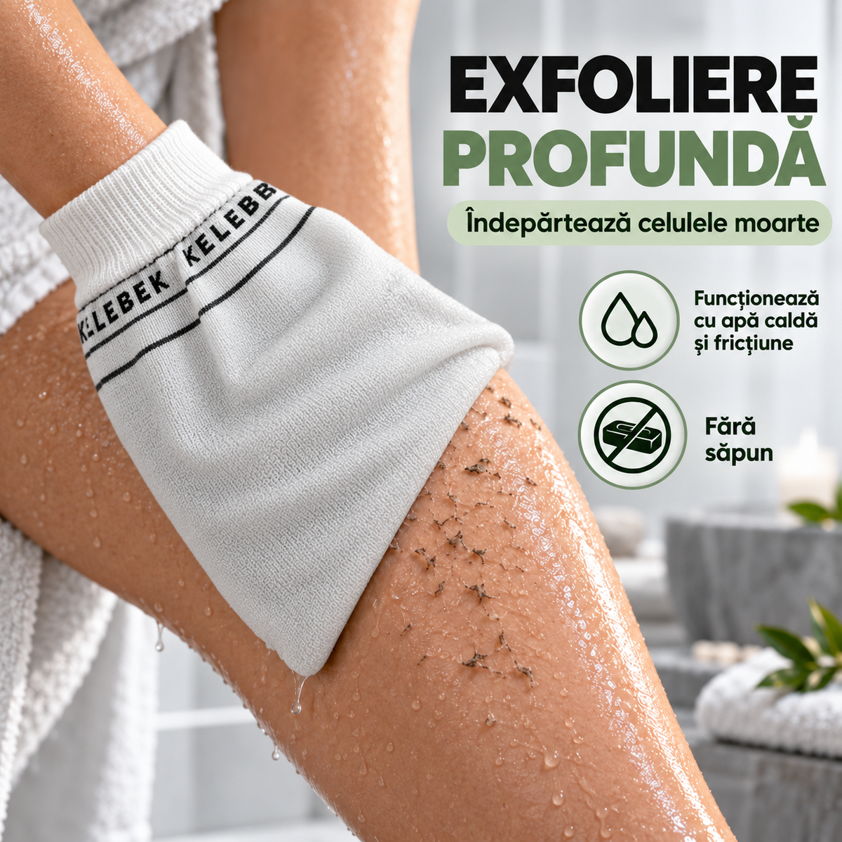 Mănușă exfoliantă turcească Kese, albă, subțire, model Kelebek, destinată exfolierii mecanice a pielii în baie sau hamam