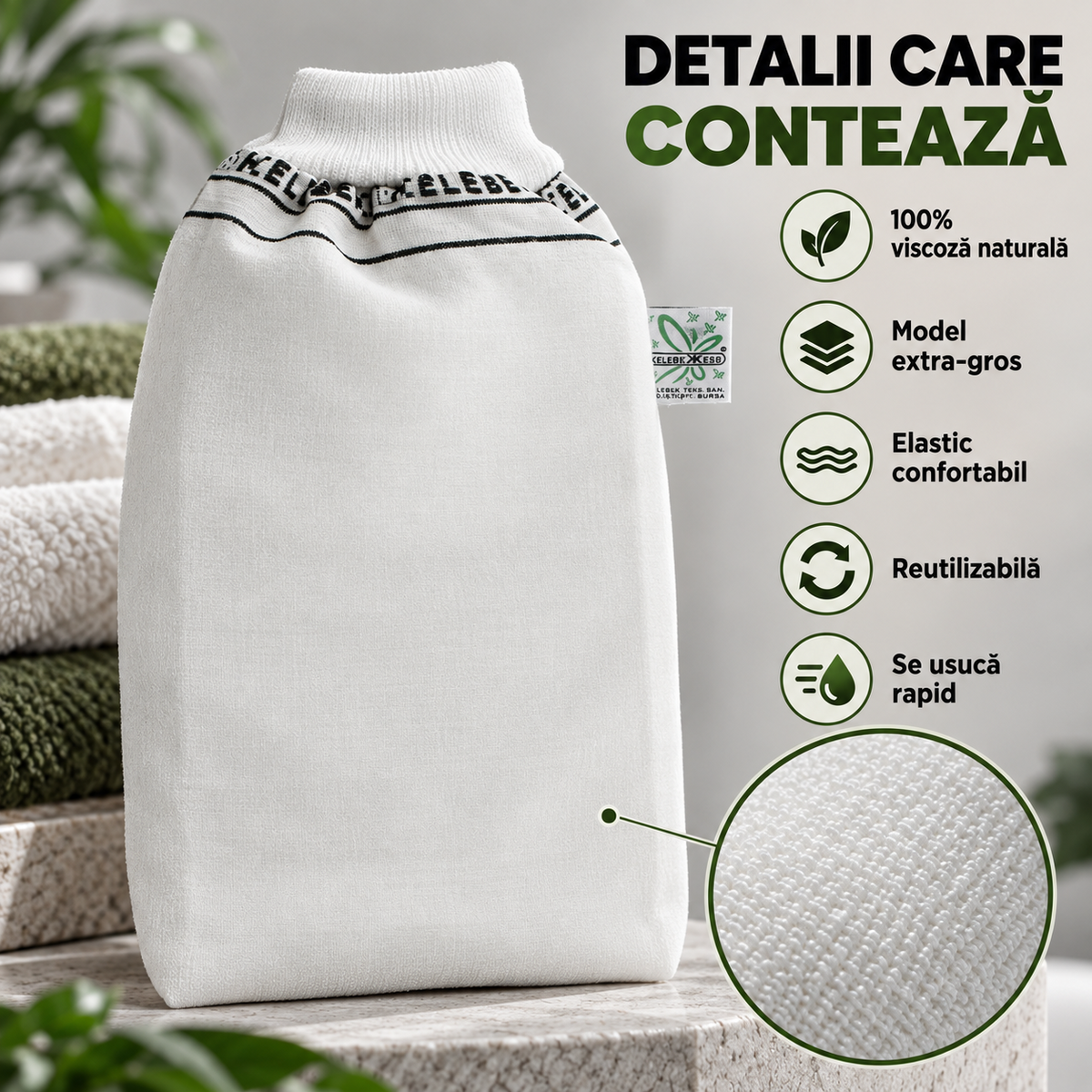 Mănușă exfoliantă turcească Kese, albă, subțire, model Kelebek, destinată exfolierii mecanice a pielii în baie sau hamam