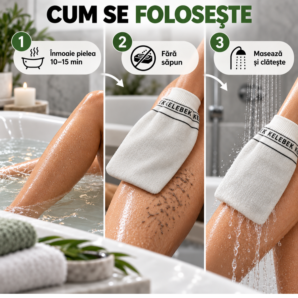 Mănușă exfoliantă turcească Kese, albă, subțire, model Kelebek, destinată exfolierii mecanice a pielii în baie sau hamam