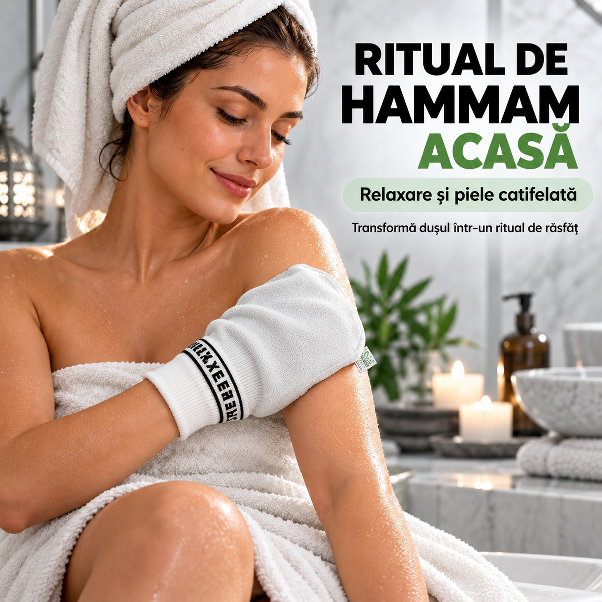 Mănușă exfoliantă turcească Kese, albă, subțire, model Kelebek, destinată exfolierii mecanice a pielii în baie sau hamam