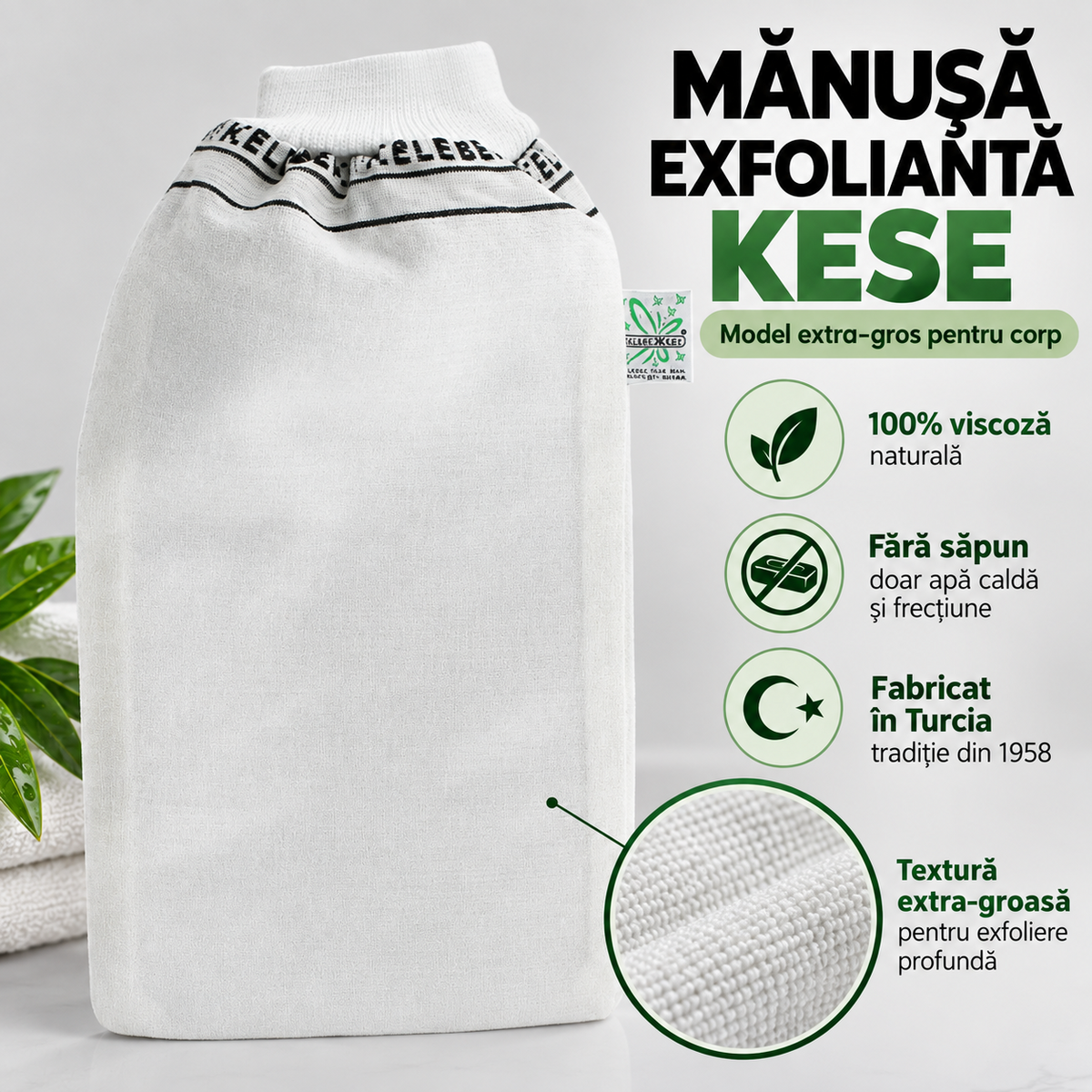 Mănușă exfoliantă turcească Kese, albă, subțire, model Kelebek, destinată exfolierii mecanice a pielii în baie sau hamam