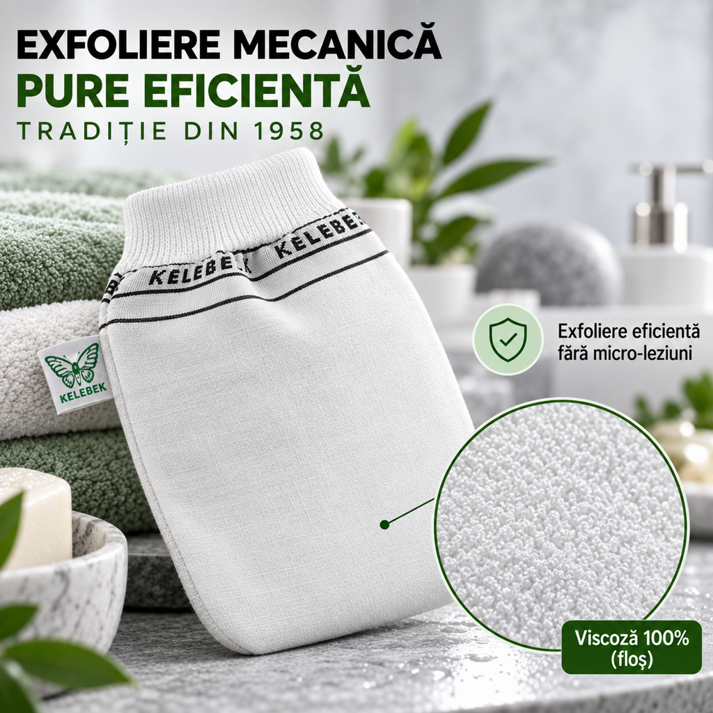 Mănușă exfoliantă turcească Kese, albă, subțire, model Kelebek, destinată exfolierii mecanice a pielii în baie sau hamam