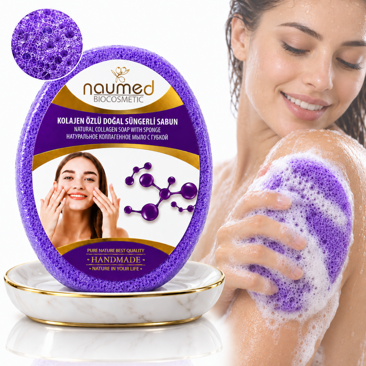 Săpun cu burete Naumed, cu colagen, destinat curățării și exfolierii pielii