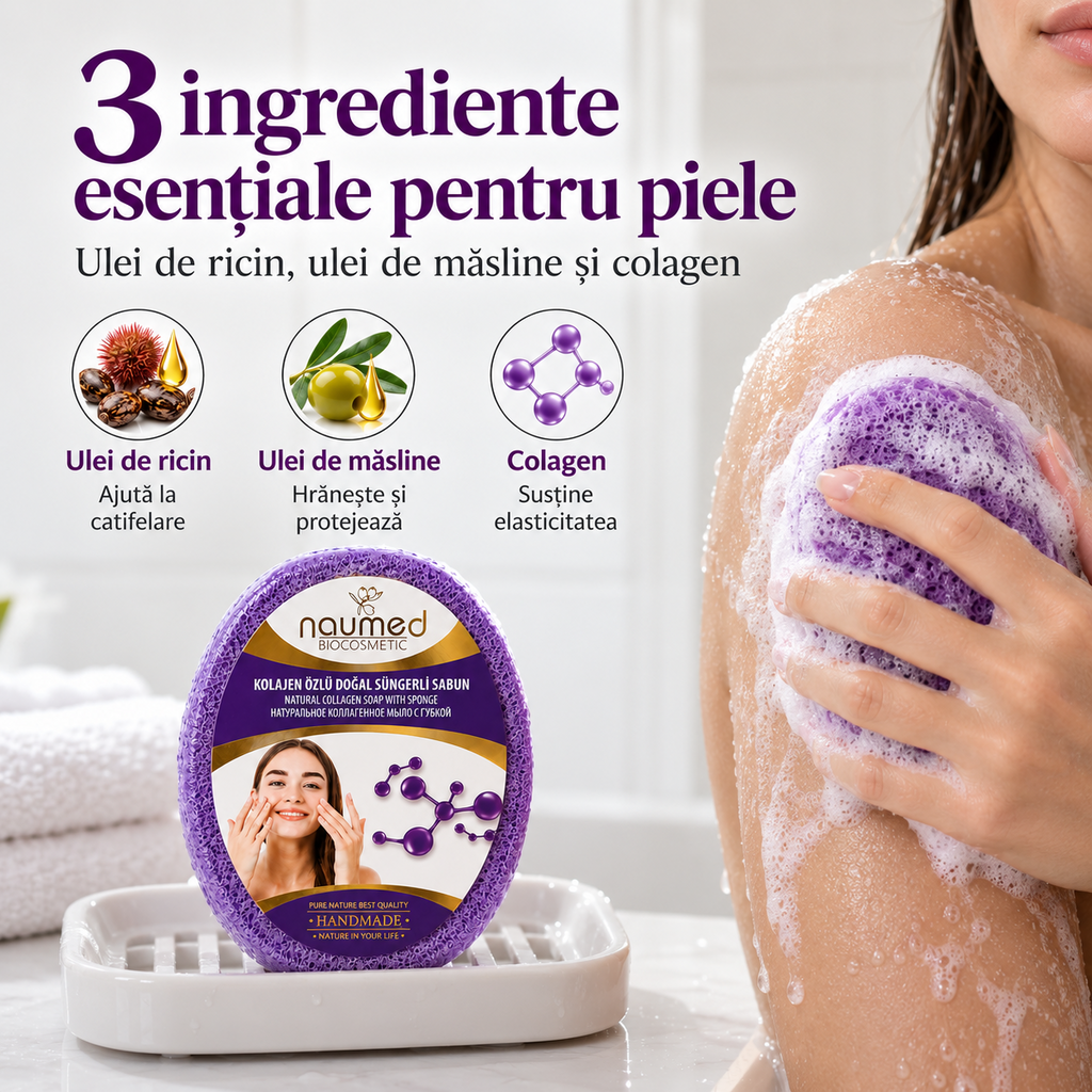 Săpun cu burete Naumed, cu colagen, destinat curățării și exfolierii pielii