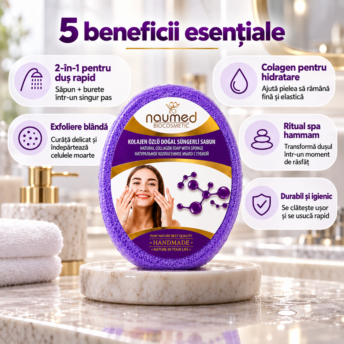 Săpun cu burete Naumed, cu colagen, destinat curățării și exfolierii pielii