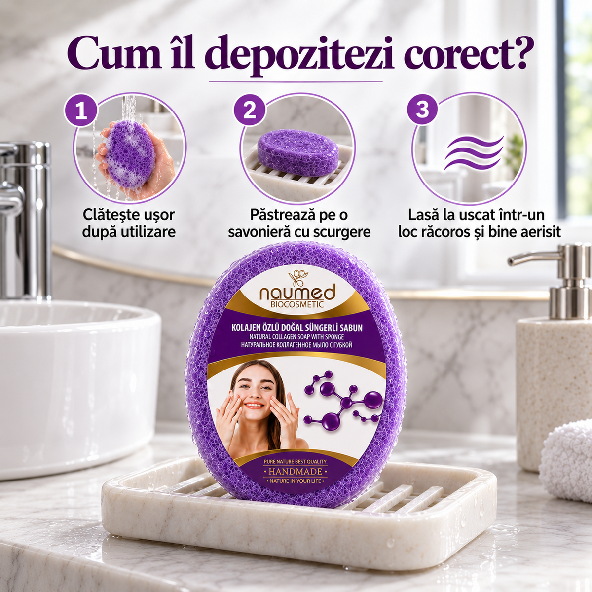 Săpun cu burete Naumed, cu colagen, destinat curățării și exfolierii pielii