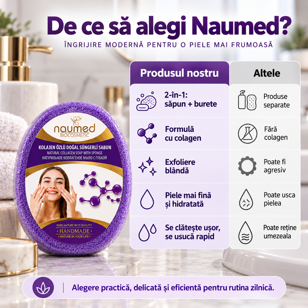 Săpun cu burete Naumed, cu colagen, destinat curățării și exfolierii pielii