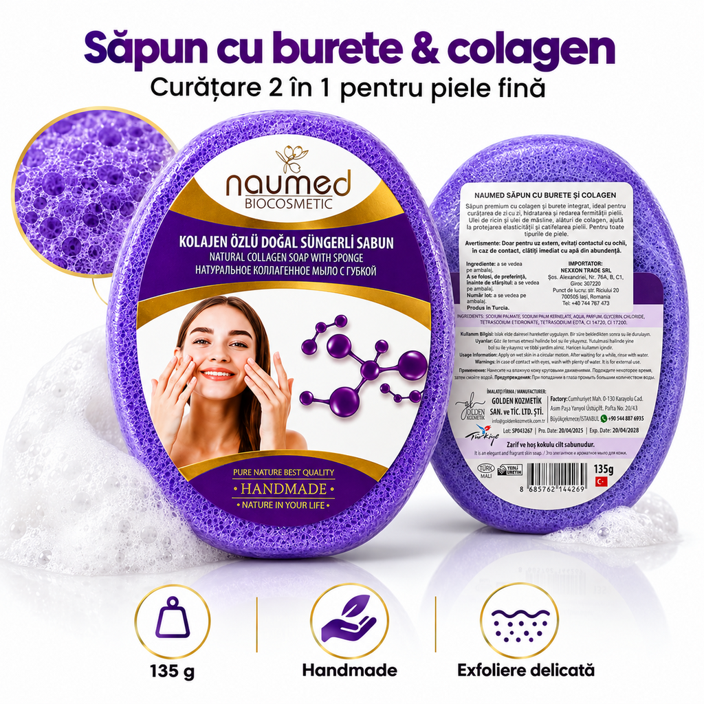 Săpun cu burete Naumed, cu colagen, destinat curățării și exfolierii pielii