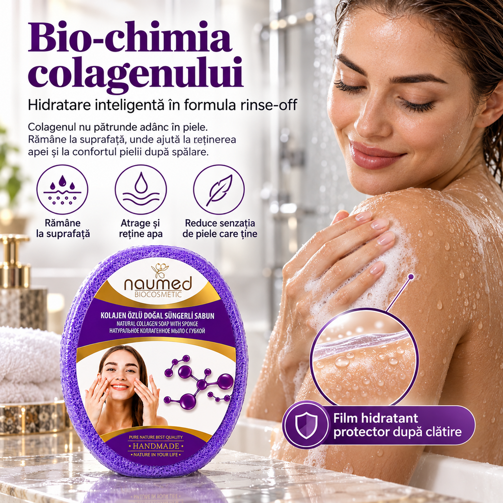 Săpun cu burete Naumed, cu colagen, destinat curățării și exfolierii pielii