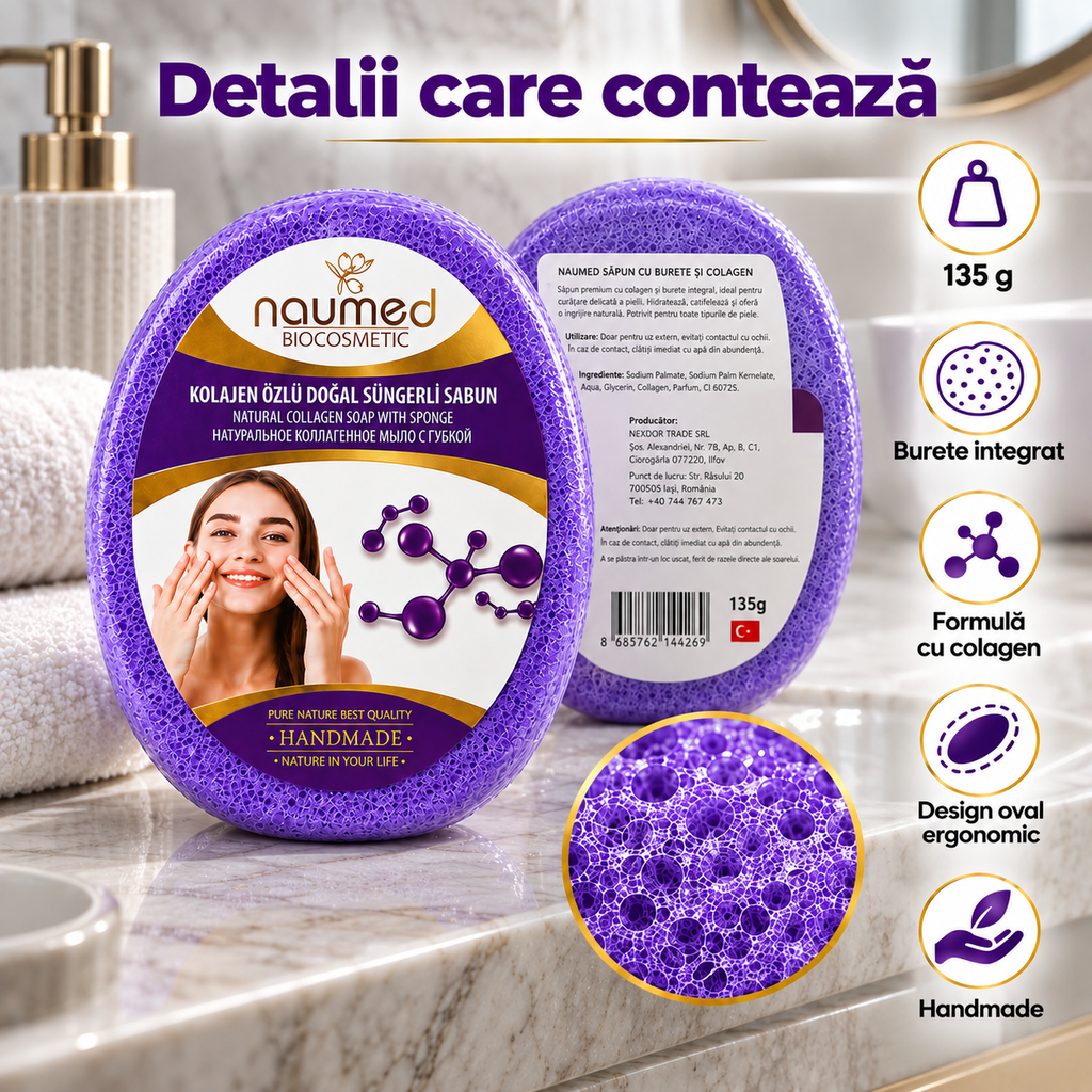 Săpun cu burete Naumed, cu colagen, destinat curățării și exfolierii pielii