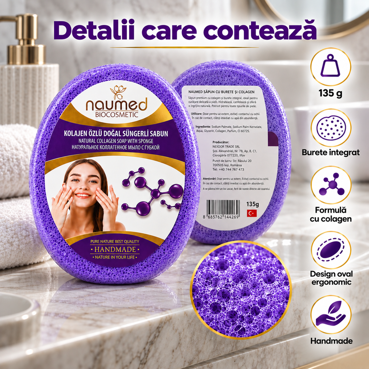 Săpun cu burete Naumed, cu colagen, destinat curățării și exfolierii pielii