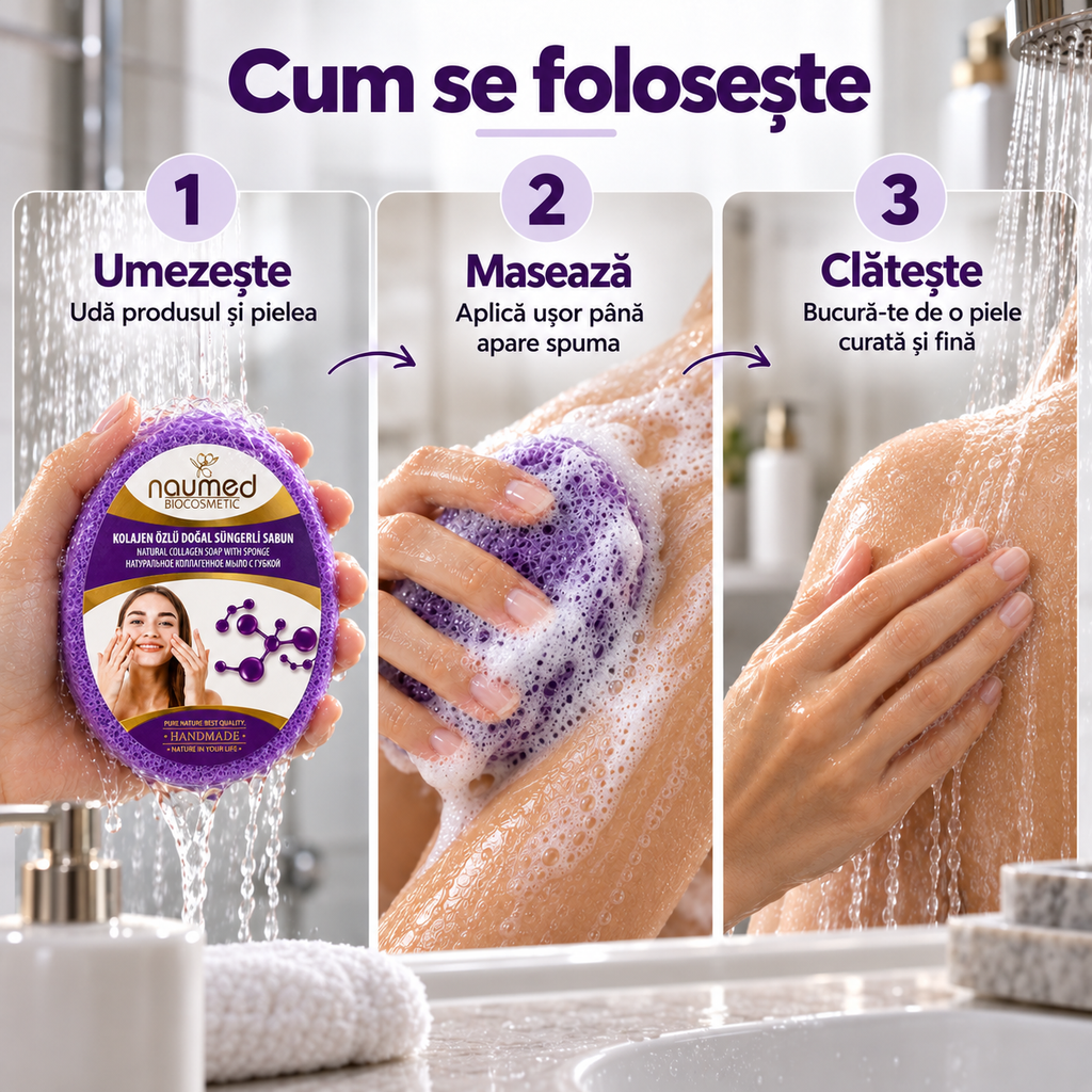 Săpun cu burete Naumed, cu colagen, destinat curățării și exfolierii pielii