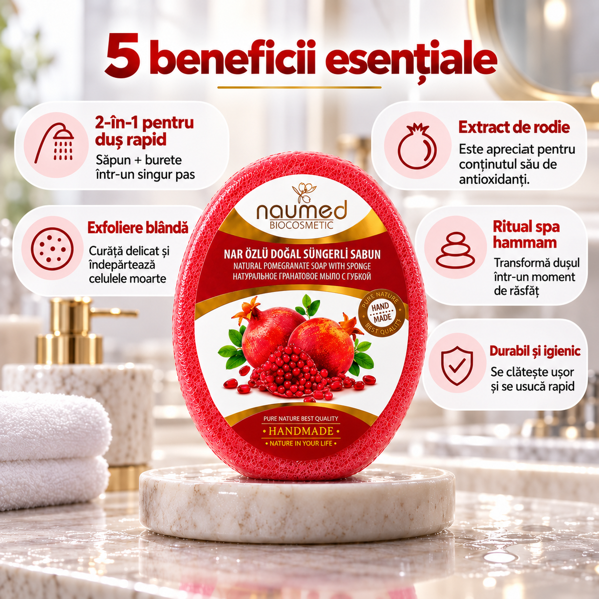 Săpun cu burete Naumed cu rodie, destinat curățării și exfolierii pielii