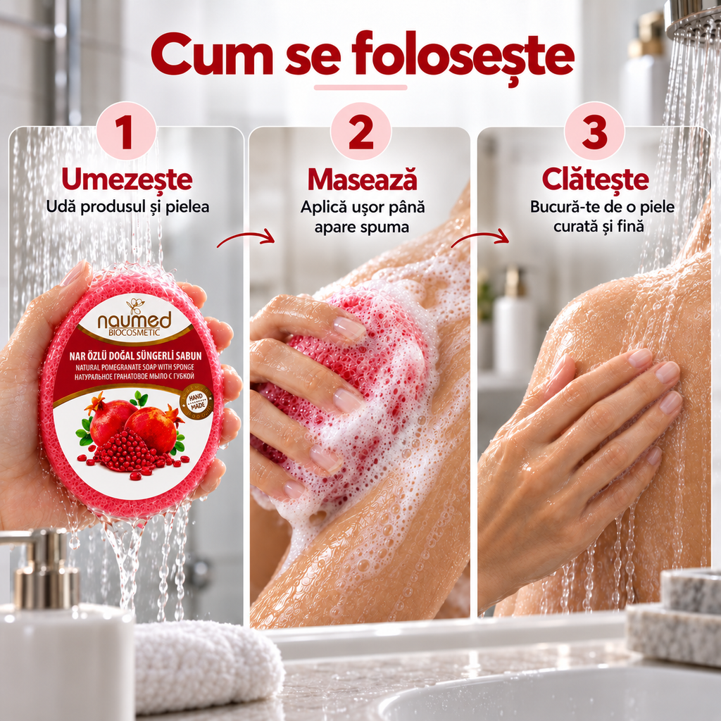 Săpun cu burete Naumed cu rodie, destinat curățării și exfolierii pielii