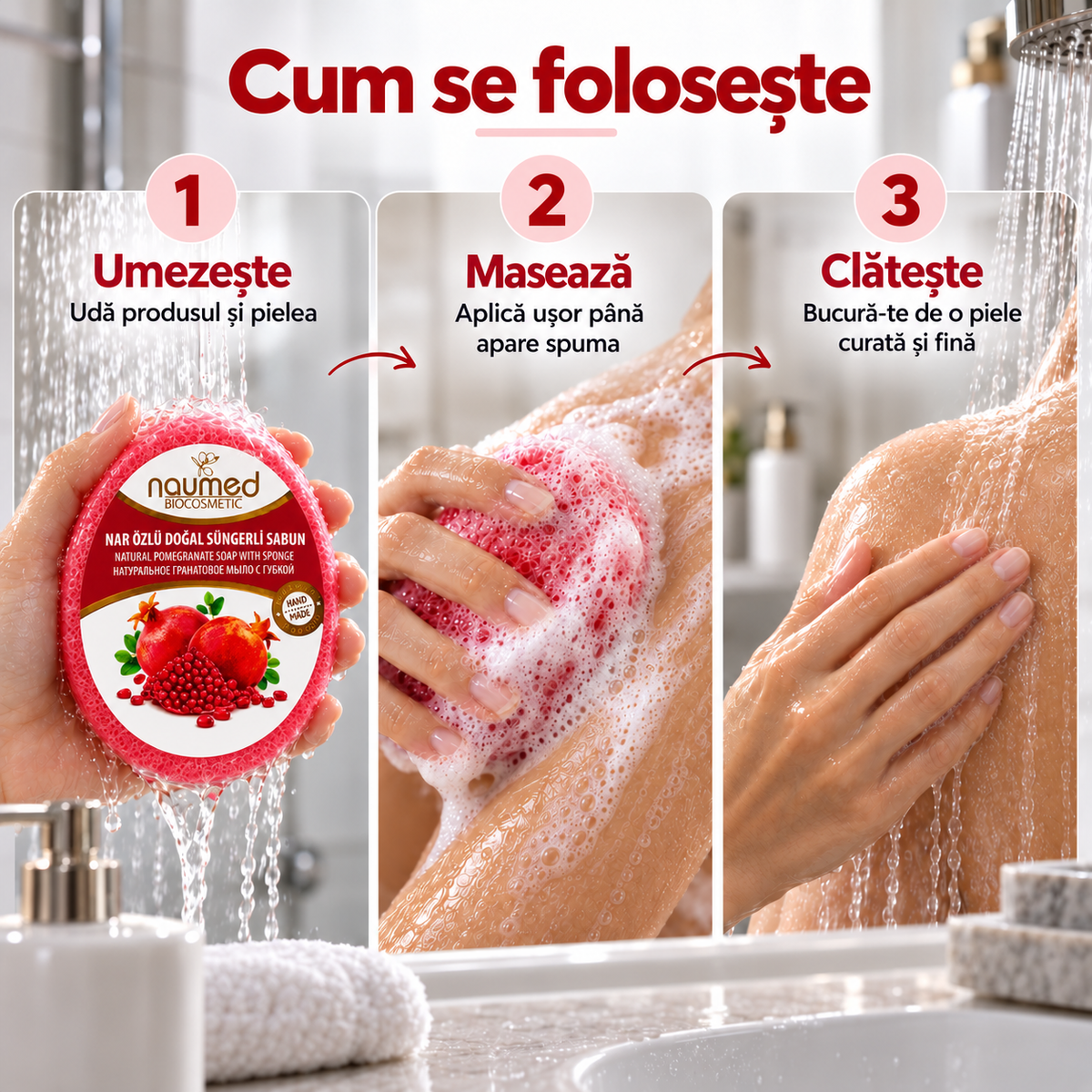 Săpun cu burete Naumed cu rodie, destinat curățării și exfolierii pielii
