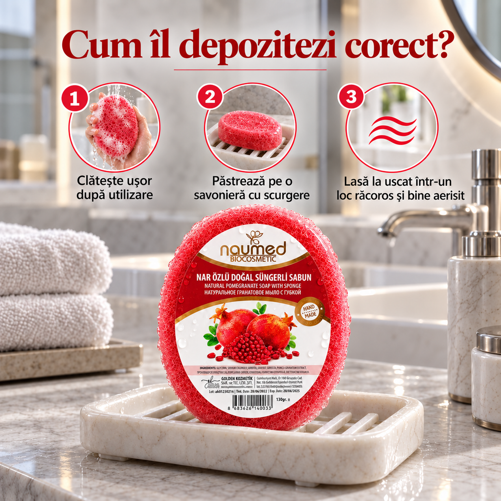 Săpun cu burete Naumed cu rodie, destinat curățării și exfolierii pielii