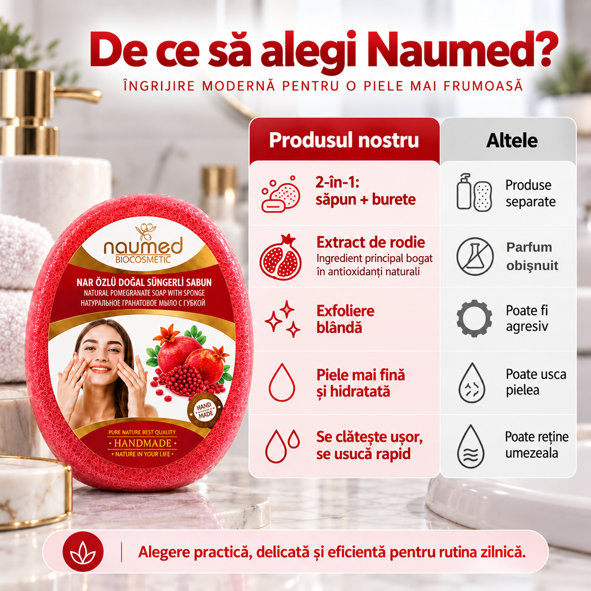 Săpun cu burete Naumed cu rodie, destinat curățării și exfolierii pielii