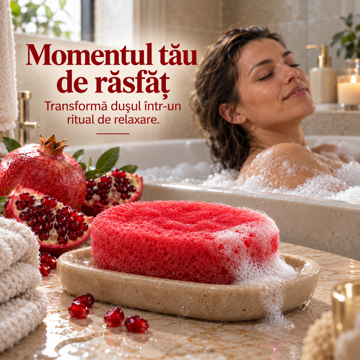 Săpun cu burete Naumed cu rodie, destinat curățării și exfolierii pielii