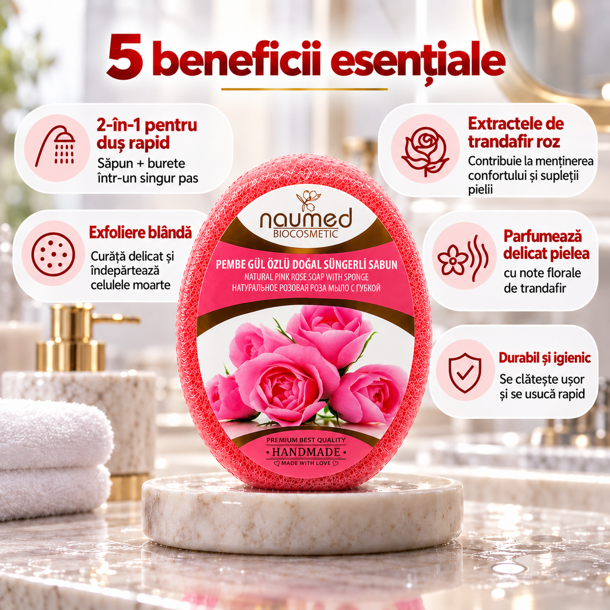 Săpun cu burete Naumed cu trandafir roz, destinat curățării și exfolierii pielii