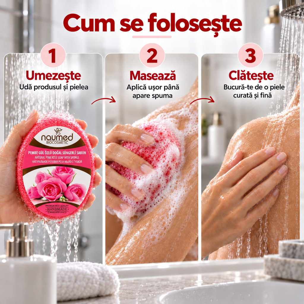Săpun cu burete Naumed cu trandafir roz, destinat curățării și exfolierii pielii