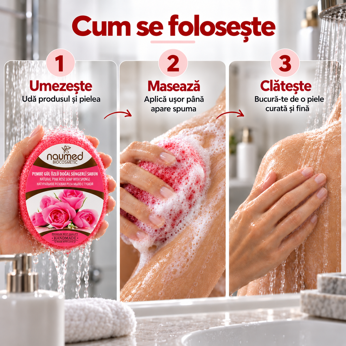 Săpun cu burete Naumed cu trandafir roz, destinat curățării și exfolierii pielii