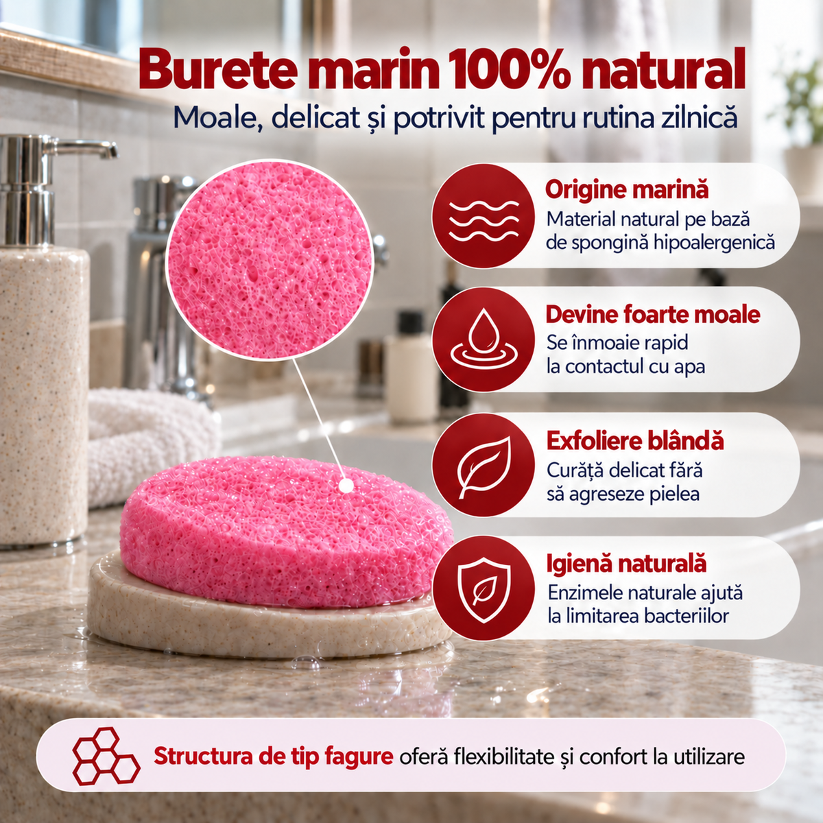 Săpun cu burete Naumed cu trandafir roz, destinat curățării și exfolierii pielii