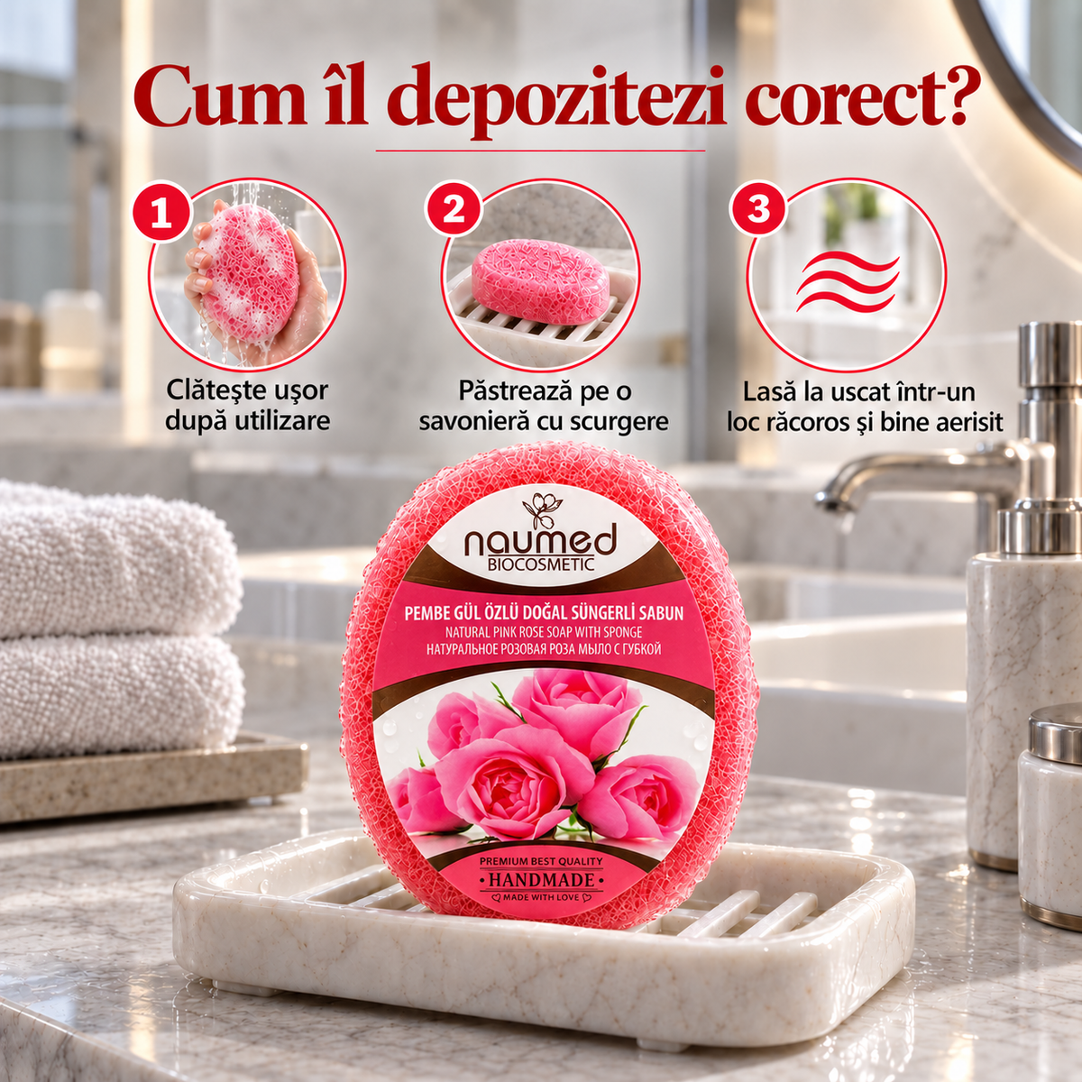 Săpun cu burete Naumed cu trandafir roz, destinat curățării și exfolierii pielii
