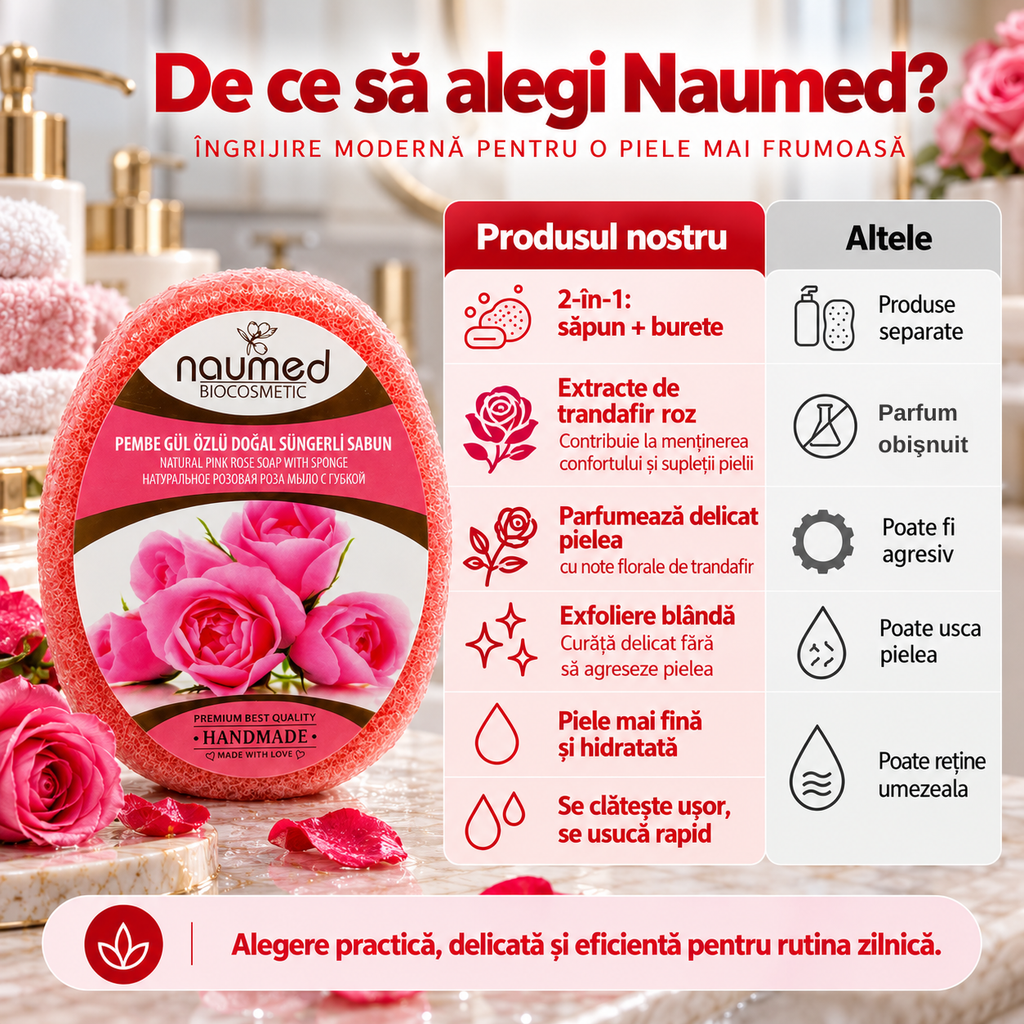 Săpun cu burete Naumed cu trandafir roz, destinat curățării și exfolierii pielii