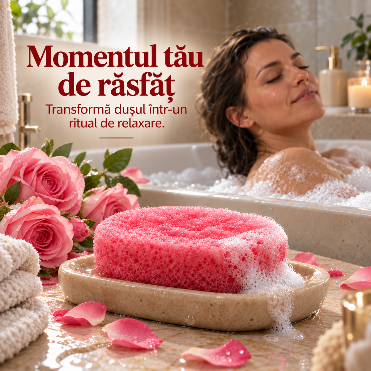 Săpun cu burete Naumed cu trandafir roz, destinat curățării și exfolierii pielii