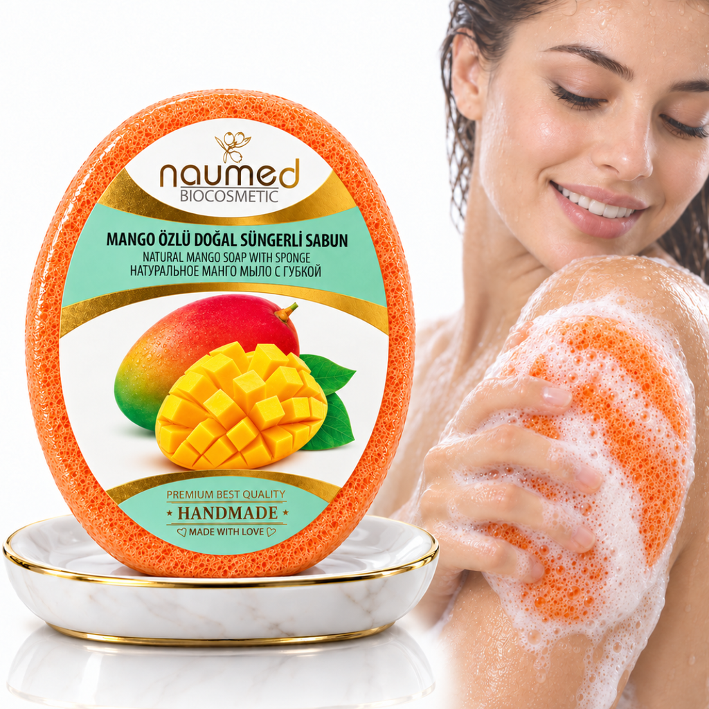 Săpun cu burete Naumed cu mango, destinat curățării și exfolierii pielii