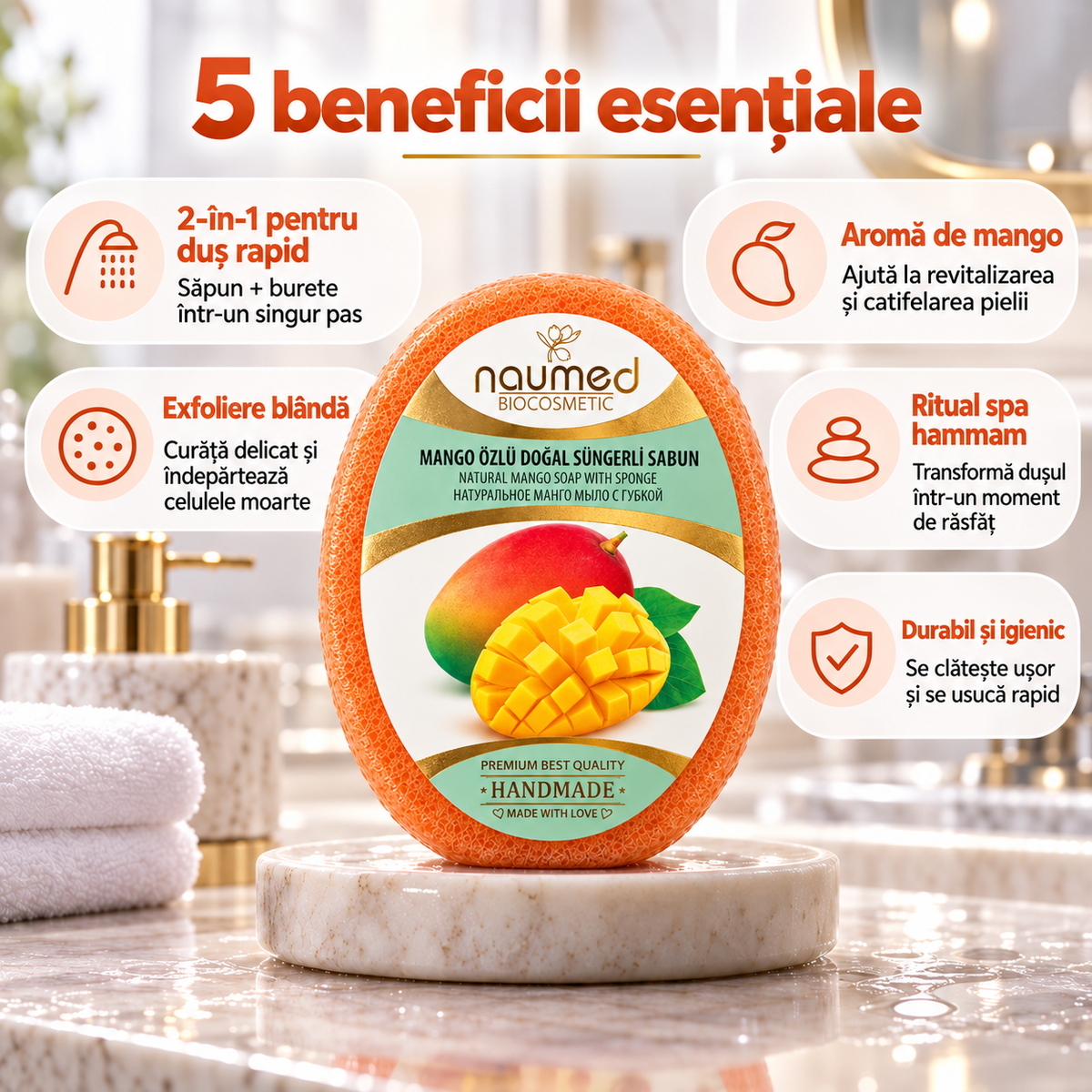 Săpun cu burete Naumed cu mango, destinat curățării și exfolierii pielii