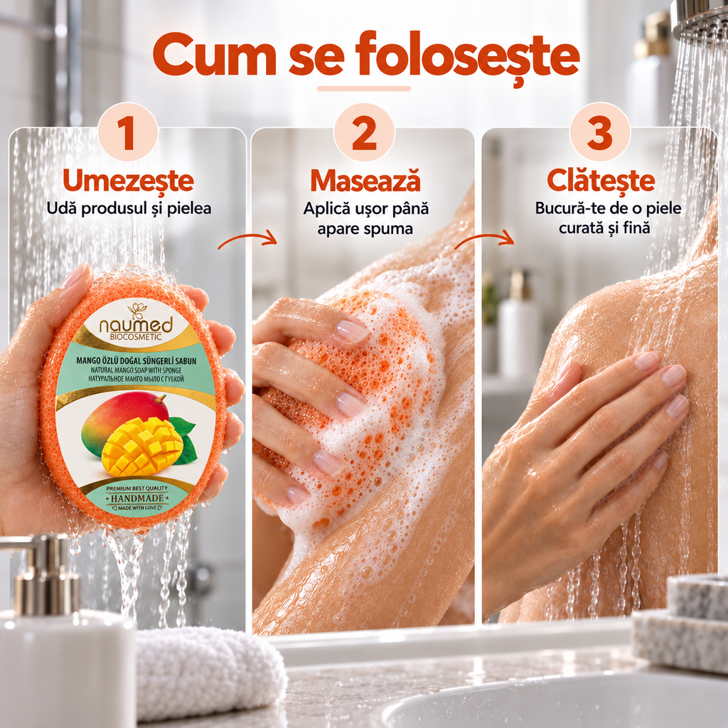 Săpun cu burete Naumed cu mango, destinat curățării și exfolierii pielii