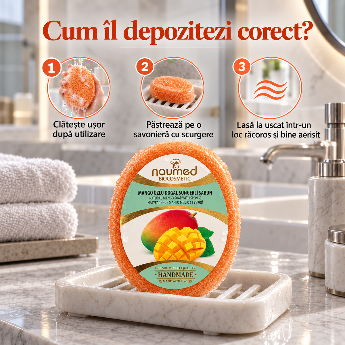 Săpun cu burete Naumed cu mango, destinat curățării și exfolierii pielii