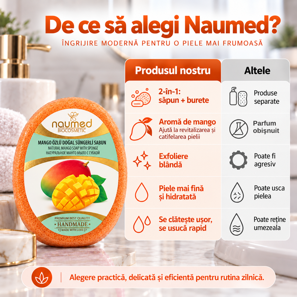 Săpun cu burete Naumed cu mango, destinat curățării și exfolierii pielii